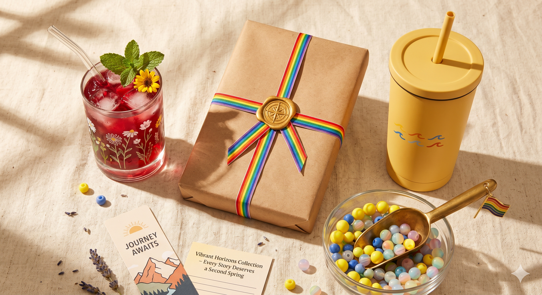 Canadian gift box containing rescued secondhand book, botanical glass tumbler, and wellness items hand-packed in Ontario